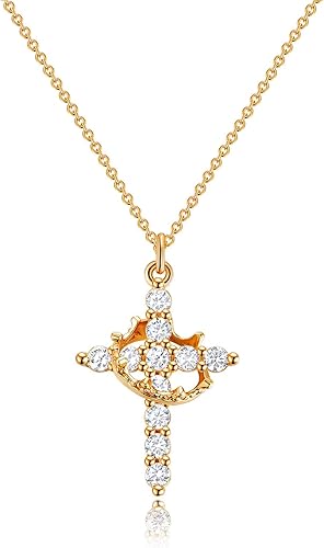 Women's Cross Necklace – 14K Gold-Plated Crown Cross Pendant Necklace