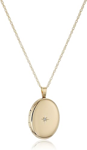 14k Gold-Plated Polished Oval Locket Necklace with Genuine 0.01 ct Diamond