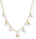 Women's 14K Gold-Plated Beach Charm Necklace – Stylish Paperclip Chain Necklace with Multiple Beach-Themed Charms