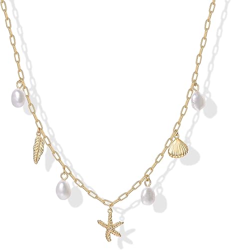 Women's 14K Gold-Plated Beach Charm Necklace – Stylish Paperclip Chain Necklace with Multiple Beach-Themed Charms