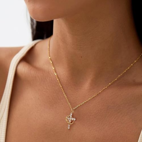 Women's Cross Necklace – 14K Gold-Plated Crown Cross Pendant Necklace