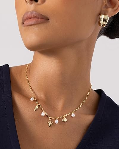Women's 14K Gold-Plated Beach Charm Necklace – Stylish Paperclip Chain Necklace with Multiple Beach-Themed Charms