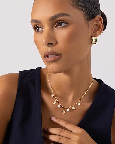 Women's 14K Gold-Plated Beach Charm Necklace – Stylish Paperclip Chain Necklace with Multiple Beach-Themed Charms